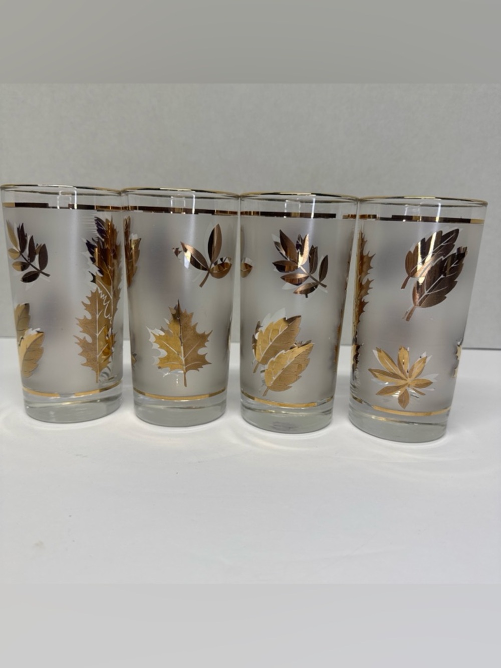 4 Vintage LIBBEY Golden Foliage Gold Leaf Frosted 12 oz Highball MCM Glasses